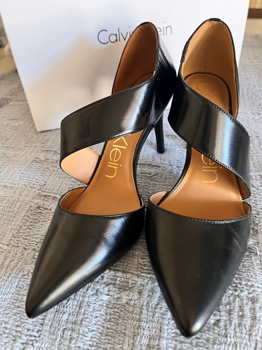 Calvin Klein Black Patent Pointed-Toe Crisscross Heels
